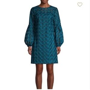 Trina Turk Eastern Luxe Kai Puff-Sleeve Embroidery Teal Dress Size 8